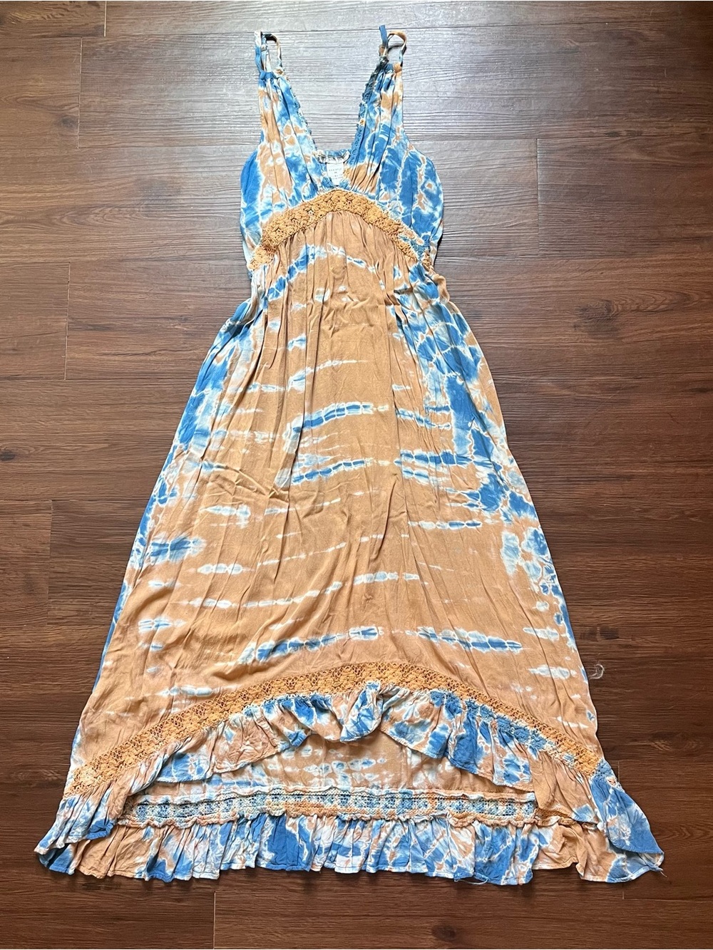 Cute Options Indie Bohemian Brown and Blue TieDye Lightweight Maxi Sundress  SzM